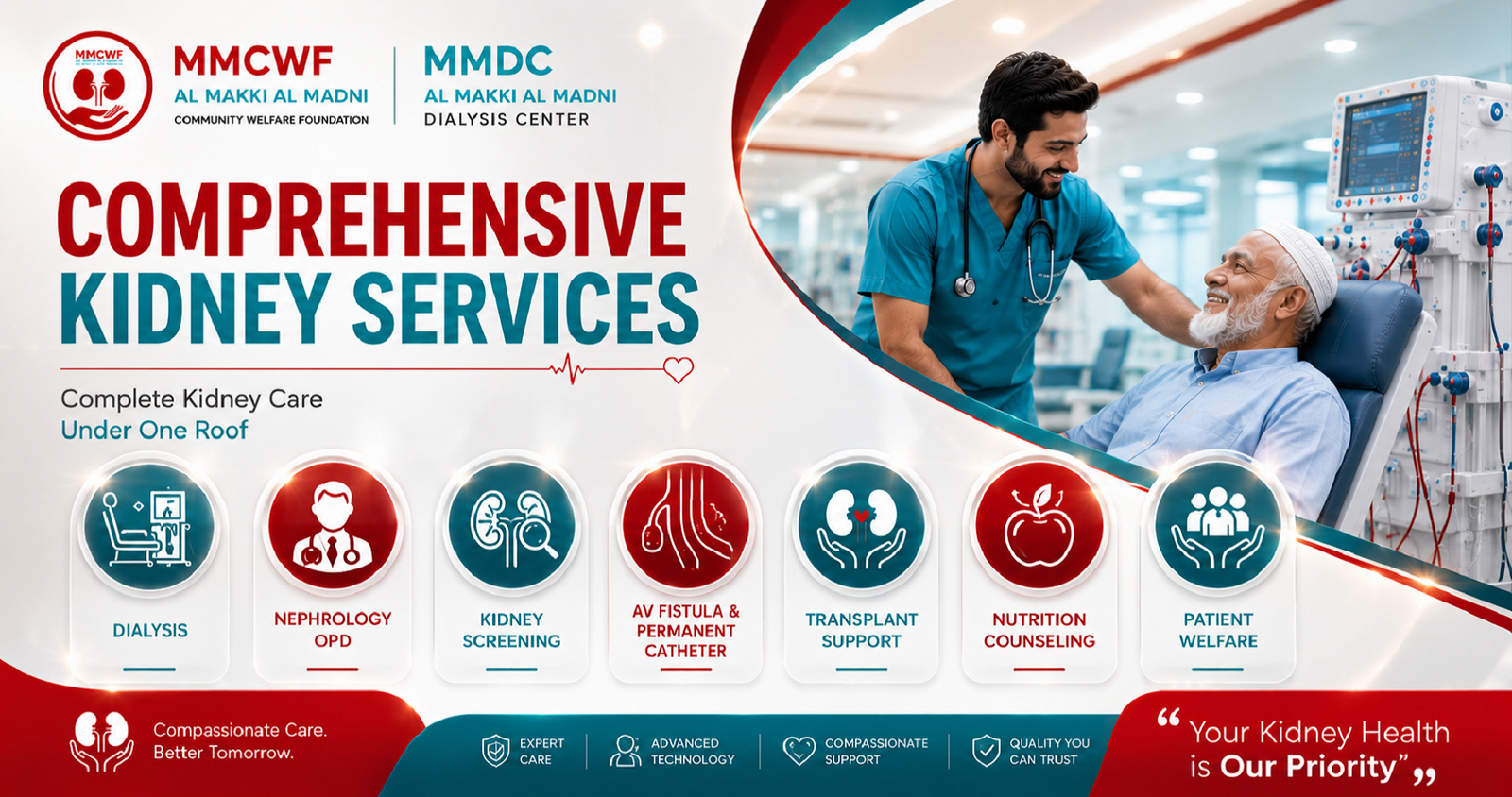 MMDC Al Makki Al Madni Dialysis Center Pakistan providing free dialysis, free medicines, free laboratory tests, free transport and free ration for kidney patients through donor support.