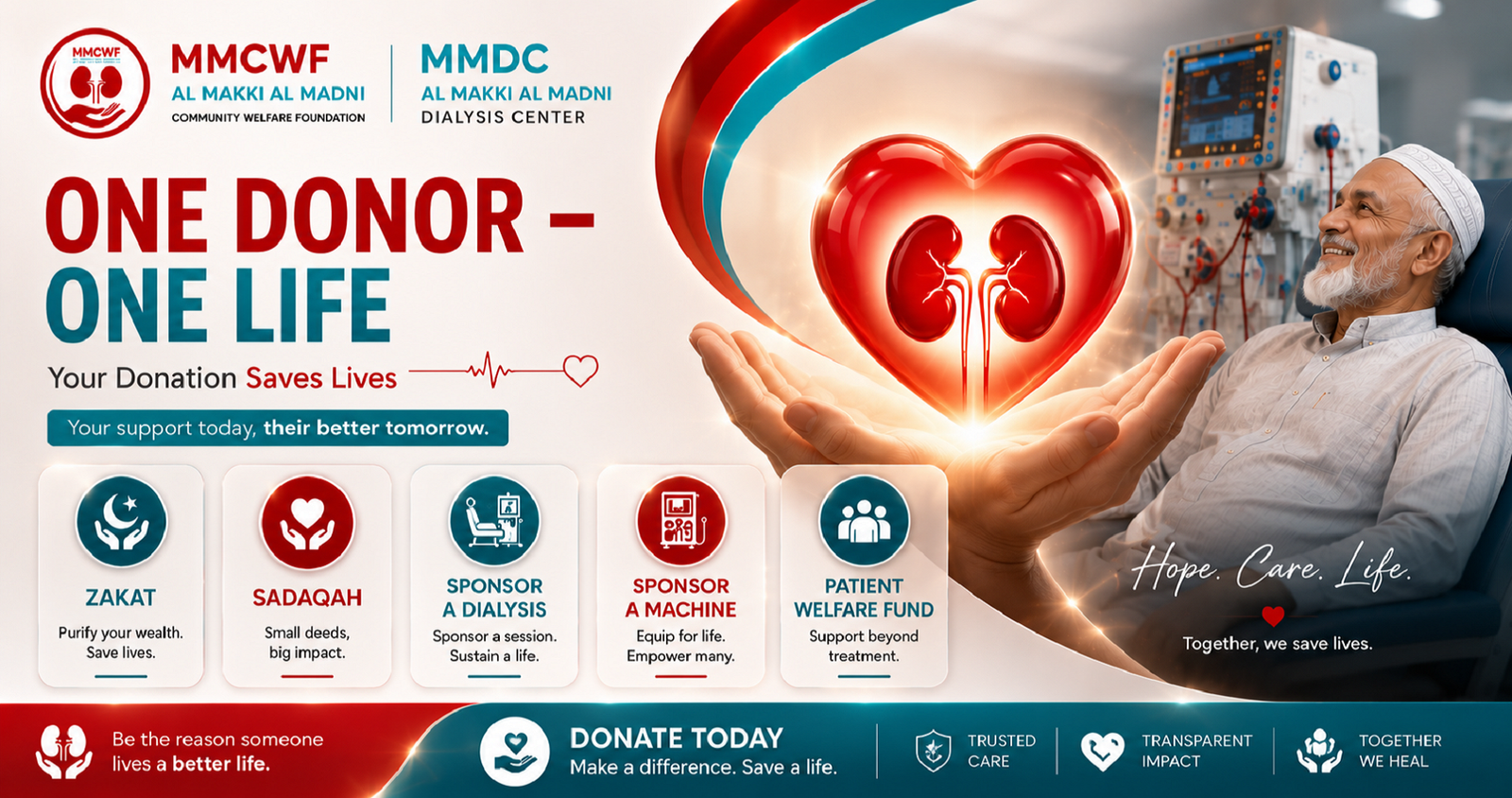 MMDC Al Makki Al Madni Dialysis Center Pakistan providing free dialysis, free medicines, free laboratory tests, free transport and free ration for kidney patients through donor support.